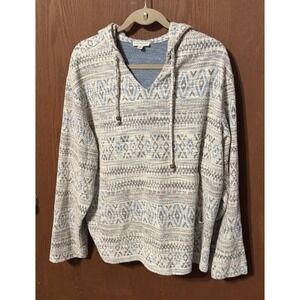 Earthbound Gray & Blue Aztec Hoodie Pullover Southwestern Aztec BoHo Sz M Tb36